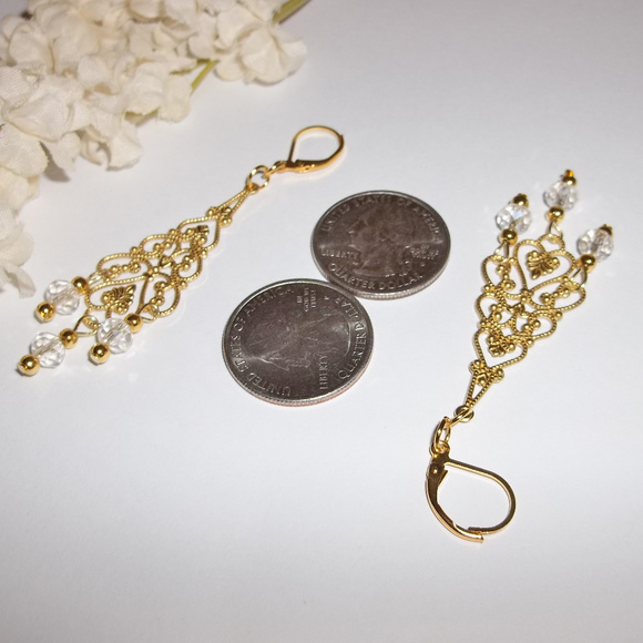 Earring Chandelier Statement Gold & Clear Set 4505 - Picture 4 of 8